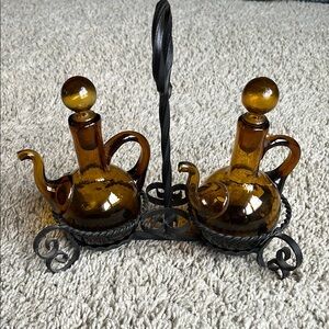 Amber Glass Oil and Vinegar Set with Black Metal Holder